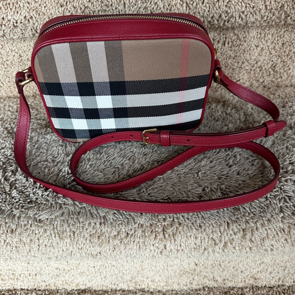 Burberry Beige Black White Check Crossbody Bag with Red Trim